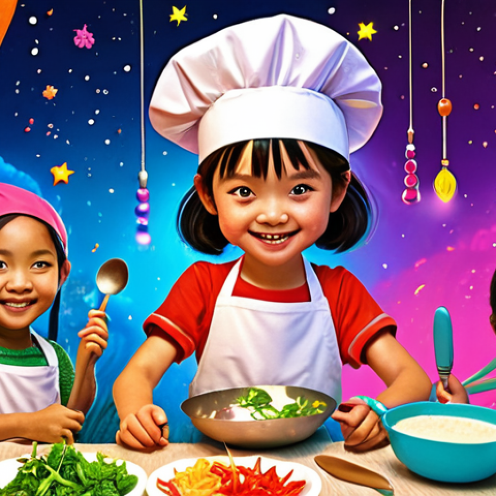 **Prompt:** Sofie Ruby, a cheerful young girl character, magically transforming into a vibrant, imaginative chef and a daring explorer, surrounded by fantastical elements. In the foreground, diverse Vietnamese children with sparkling eyes are actively engaged in creative play, drawing colorful pictures, and lost in their own whimsical imaginary worlds. The scene is filled with bright, vivid colors and a dreamlike, playful atmosphere, emphasizing the power of imagination and creativity.