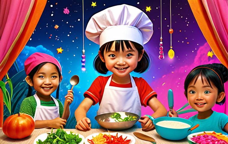 **Prompt:** Sofie Ruby, a cheerful young girl character, magically transforming into a vibrant, imaginative chef and a daring explorer, surrounded by fantastical elements. In the foreground, diverse Vietnamese children with sparkling eyes are actively engaged in creative play, drawing colorful pictures, and lost in their own whimsical imaginary worlds. The scene is filled with bright, vivid colors and a dreamlike, playful atmosphere, emphasizing the power of imagination and creativity.