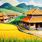 **A vibrant watercolor painting of a Vietnamese countryside, featuring golden rice paddies, a traditional đình (communal house) with curved roofs, and soft, pastel colors evoking a sense of nostalgia and cultural pride. The style should blend modern techniques with traditional Vietnamese artistic elements.**
