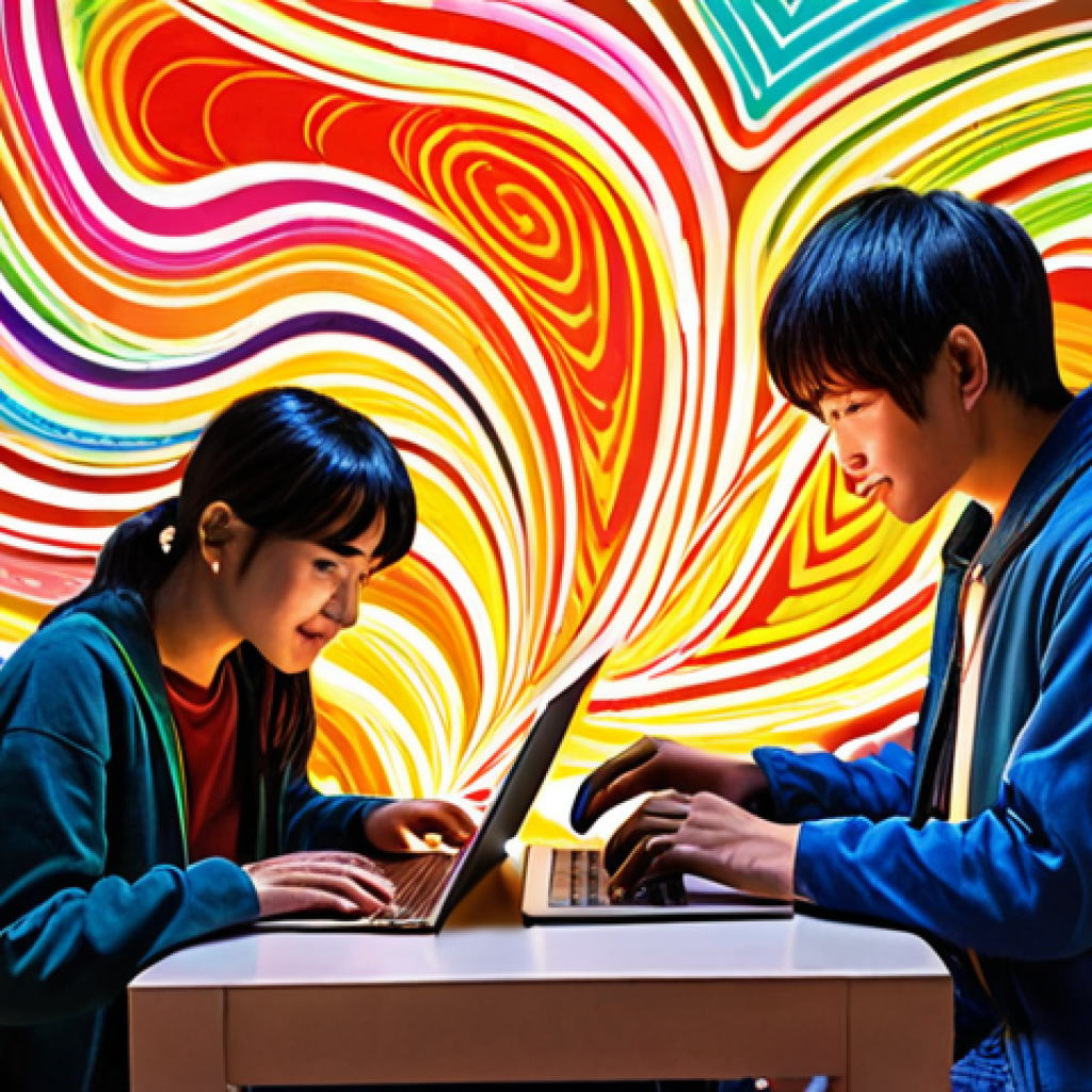 **Image Prompt 1:** A vibrant and dynamic online fanfiction community, featuring diverse young Vietnamese individuals actively engaged with laptops and tablets. Colorful, swirling lines and abstract patterns symbolizing boundless imagination and interconnected ideas weave between them. The scene emanates a sense of collaborative energy, shared passion, and a welcoming 'safe space' where creativity flourishes.