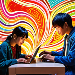**Image Prompt 1:** A vibrant and dynamic online fanfiction community, featuring diverse young Vietnamese individuals actively engaged with laptops and tablets. Colorful, swirling lines and abstract patterns symbolizing boundless imagination and interconnected ideas weave between them. The scene emanates a sense of collaborative energy, shared passion, and a welcoming 'safe space' where creativity flourishes.