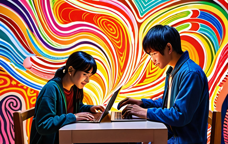 **Image Prompt 1:** A vibrant and dynamic online fanfiction community, featuring diverse young Vietnamese individuals actively engaged with laptops and tablets. Colorful, swirling lines and abstract patterns symbolizing boundless imagination and interconnected ideas weave between them. The scene emanates a sense of collaborative energy, shared passion, and a welcoming 'safe space' where creativity flourishes.